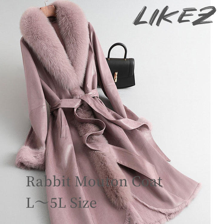 2025 秋冬 新作 フォックスファー襟 ラビットファームートン コート ベルト付き レディース 秋/冬 アウター 毛皮 ピンク L/2L/3L/4L/5L l1a26