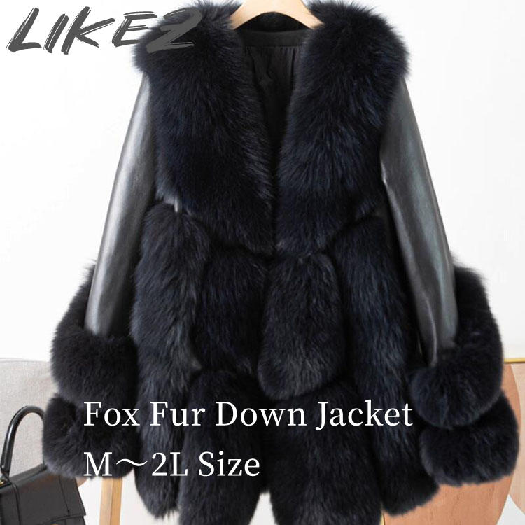 2025 秋冬 新作 フォックス ラムレザー ダウン90％ グースダウン ジャケット コート アウター レディース 本革 羊革 毛皮 ブラック M/L/2L l1d01