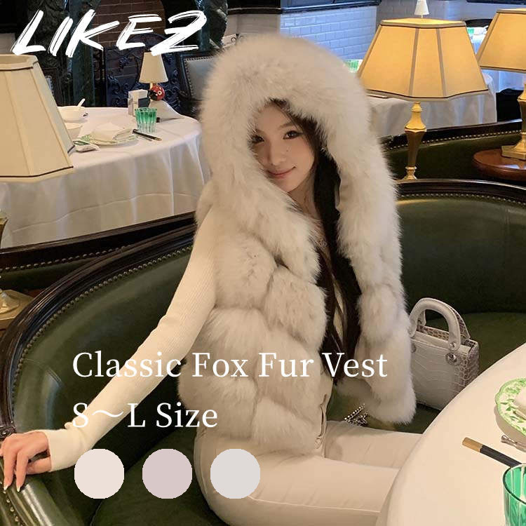 2025 秋冬 新作 ベスト フォックス フード アウター レディース ホワイト/ベージュ/ピンク S/M/L l1d05