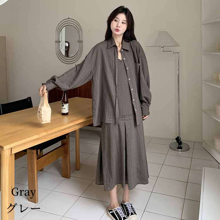 【2025春新作】 キャミソール ワンピース 長袖シャツ付き 2点セット レディース グレー S/M/L/2L l1n09