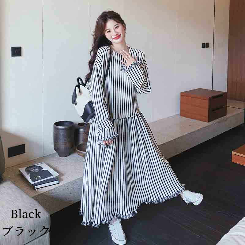 【2025春新作】 ワンピース 長袖 ストライプ ミディアム ロング レディース 春 秋 ブラック S/M/L/2L l1n27