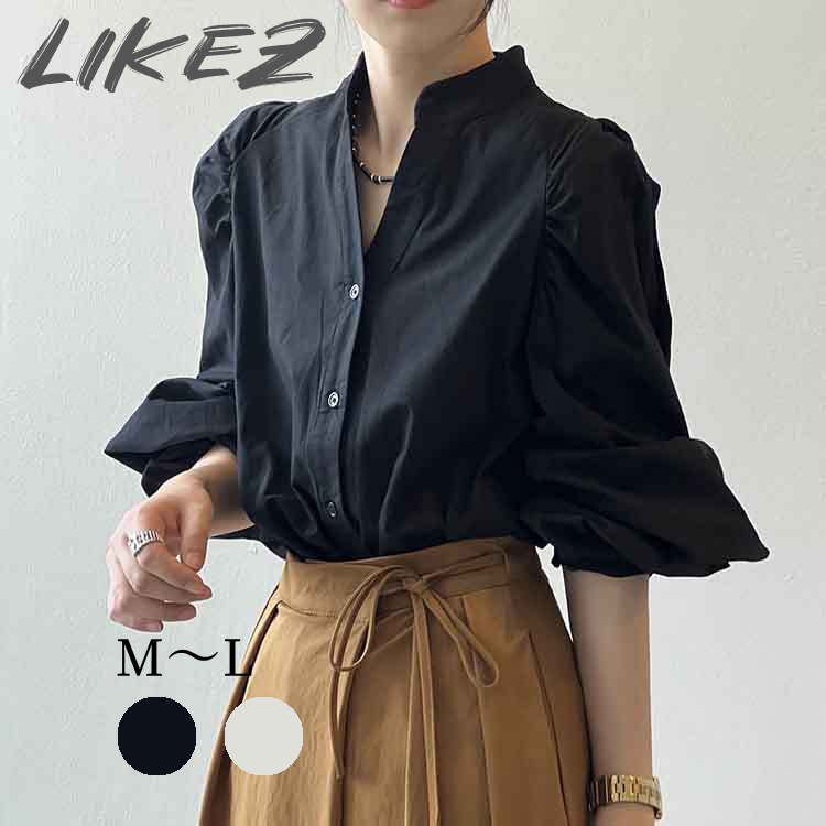 【2025春新作】キーネックシャツ パフスリーブ 長袖 レディース ホワイト/ブラック M/L l1o01