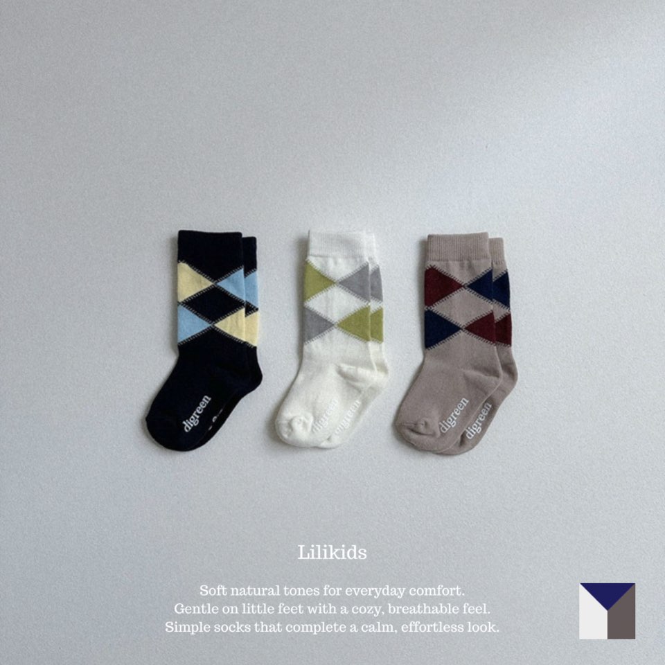 Argyle socks digreen 靴下 キッズ 3足セットソックス 靴下 キッズ ベビー 男の子 女の子 10cm〜26cm チェック柄 滑り止め 親子お揃い リンクコーデ クルー丈 シンプル 春 夏 秋 冬 オールシーズン おしゃれ 韓国子供服 リリキッズ lilikids