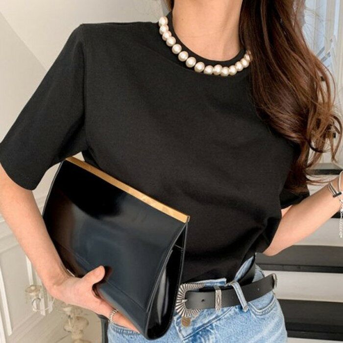 【即納】【送料無料】春夏 新作 2color パール ネック ミディ丈 Teeのサムネイル