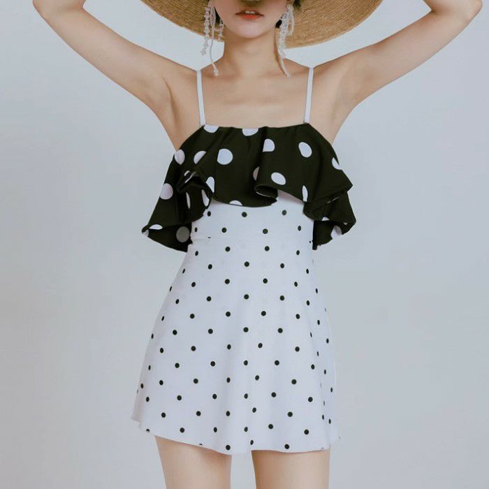 水着ビキニ検索結果｜一部即納 2023年 春夏 新作 ドット バイカラー フレア ワンピース スイムウェア