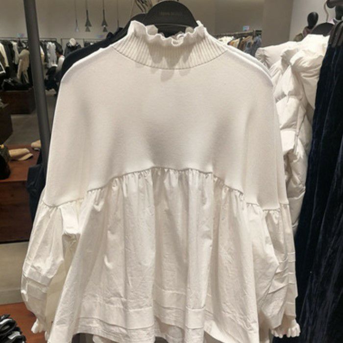 【送料無料】 2024年 秋冬 2color 異素材 切り替え フリルカラー プルオーバー トップス レディース トップス 長袖 ボリュームスリーブ カジュアル かわいい フェミニン きれいめ 大人可愛い きれいめカジュアル 大人ガーリー