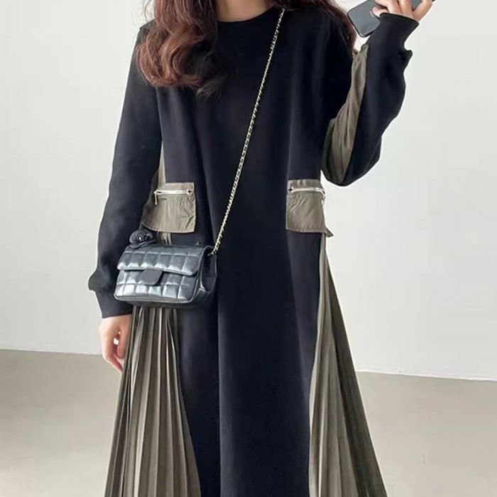 【送料無料】2023 AW 新作 2color ミリタリー ドッキング サイド プリーツ ワンピース