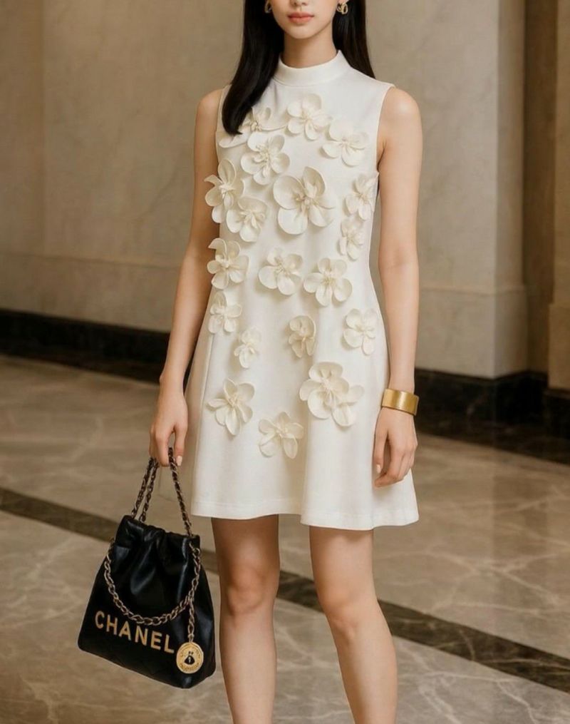 【送料無料】2025 SS 新作 2color Flower ボンディング素材 ミニ ワンピースのサムネイル