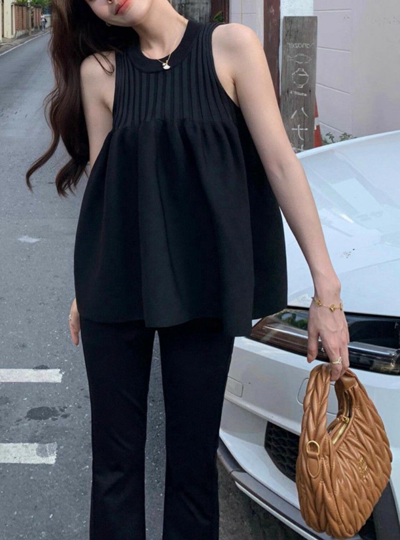 【送料無料】2025 SS 新作 ノースリーブ リブ クルーネック チュニック ニットのサムネイル