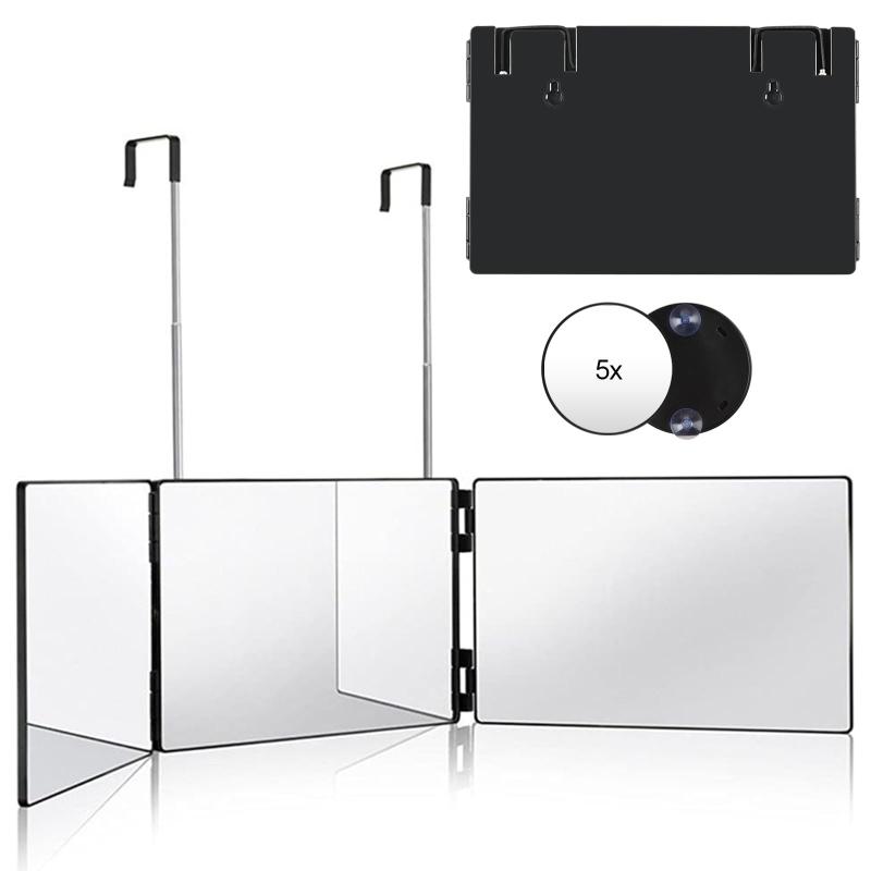 三面鏡 セルフカット 360°角度自在調整 化粧鏡 高さ調節可能 鏡 壁掛け 折りたたみ可能 mirror 5倍拡大..