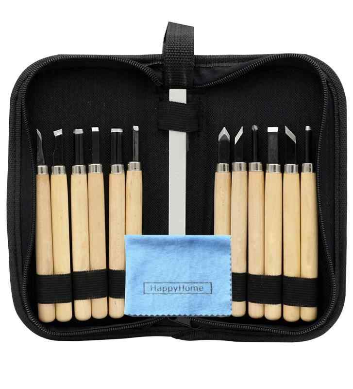 HappyHome 彫刻刀 12本 セット 砥石付き 収納ケース クリーニングクロス付き 木彫り 木工道具