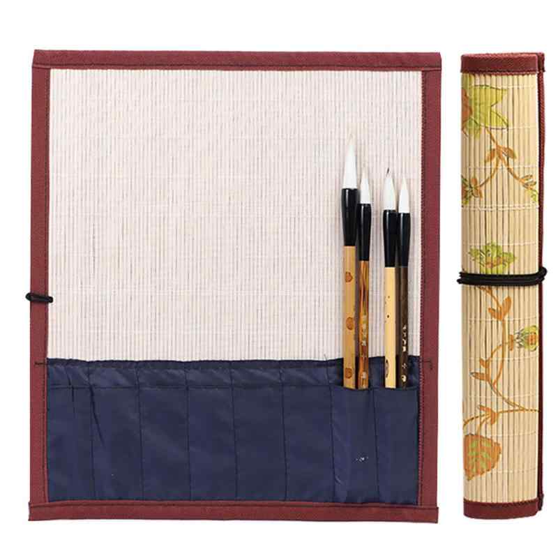 筆巻き 書道 30cm*26cm 花柄 竹製 ポケット付き コンパクト ヴィンテージスタイル 軽量 通気性 筆入れ ..