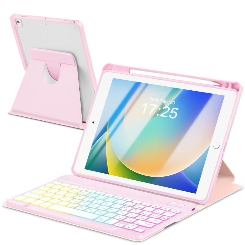 EAMPANG iPad キーボード付きケース, 7色レインボーバックライト Type-C充電 脱着式 スマート 多機能 ワイヤレス キーボード 360度回転 横置き縦置きの立ち方 磁気ケース軽量全面保護多角度調整