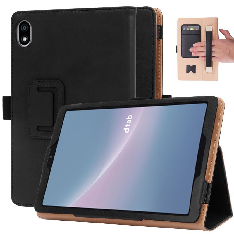 For 2023年発売docomo dtab Compact d-52C適用ケース手帳型 NTTドコモ dtab Compact d-52C 8.4インチ三つ折多角度スタンド機 オートスリープ機能 伸縮性手持ちバンド付 カード収納タブレットPCケース【M