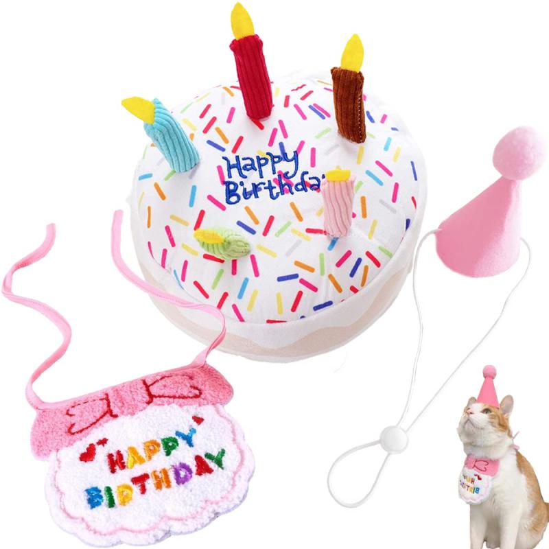3点セット 犬 猫 誕生日 バースデー おもちゃ ぬいぐるみ 犬の噛むおもちゃ 音が出る ケーキ 帽子 ゼッ..