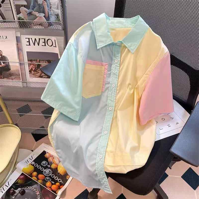 Three-Quarter - Tシャツ 女性用 夏 短袖 切り替え ポロシャツ ポリエステル スパンデックス 吸湿速乾 軽量 ルーズフィット 韓国風 カジュアル 学院風 半袖 上衣 トップス ブラウス ピクチャーカラー