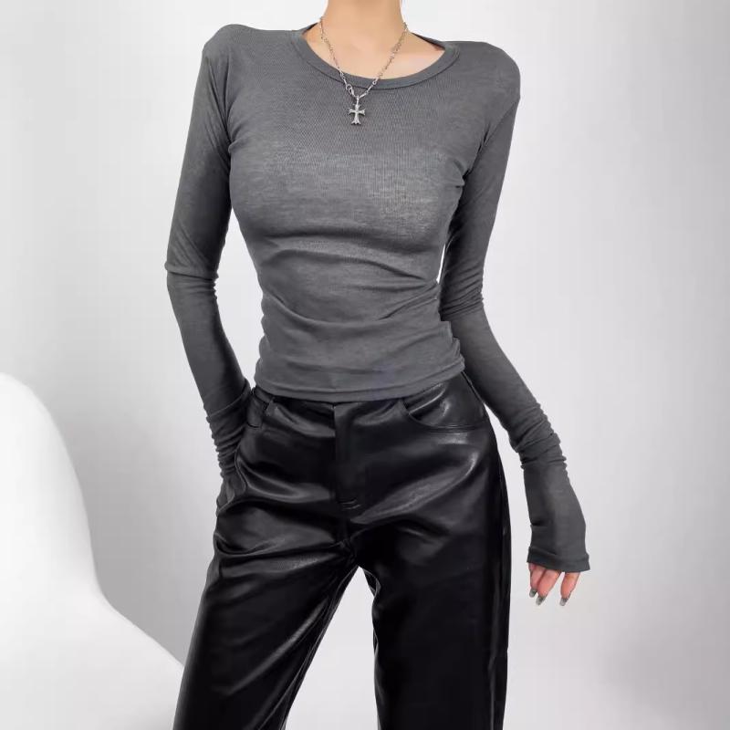 Garments - Tシャツ トップス 長袖 女性用 秋 秋冬 修身 インナー インナーウェア 丸首 切り替え 短丈 ストレッチ 吸湿速乾 接触冷感 再生繊維 ホワイト ライトグレー ブラウン ダークグレー 街頭スタイル 欧米風 カジュアル 普段使い 軽量 伸縮性