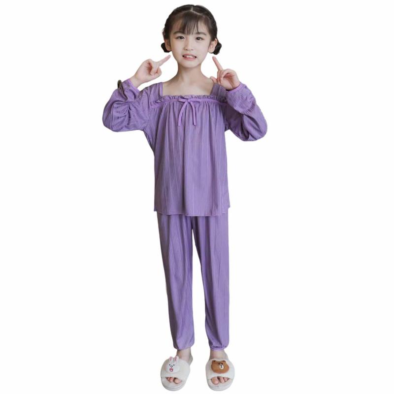 [MOE2HUO] キッズパジャマ 女の子春秋 純色 長袖 薄手パジャマ 冷房服 中大童 部屋着可愛い カジュアル パジャマ 100-170cm 女の子パジャマ