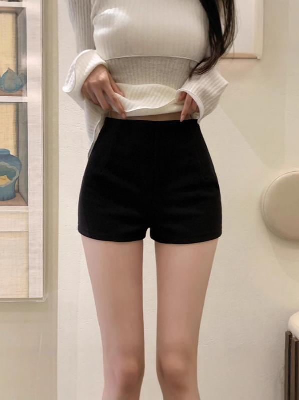 レディース 秋冬 ショートパンツ ブラック ワイドストレート ハイウエスト 包みヒップ ウール調 厚手 ポリエステル マイクロストレッチ ジッパー 切り替え 快適 カジュアル スリムフィット 通勤 普段使い 軽量 吸湿速乾 再生繊維 膝上丈 膝下丈 ベー