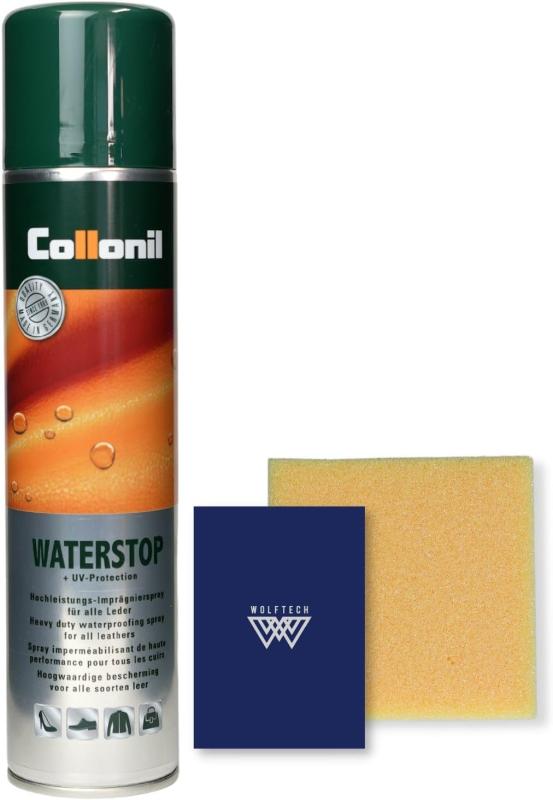 [WOLFTECH] コロニル 防水スプレー 靴 400ml ウォーターストップ レザー メンテナンス ガイド 靴磨きスポンジ付 防水 防汚 革ジャン 鞄 梅雨 雨 湿気