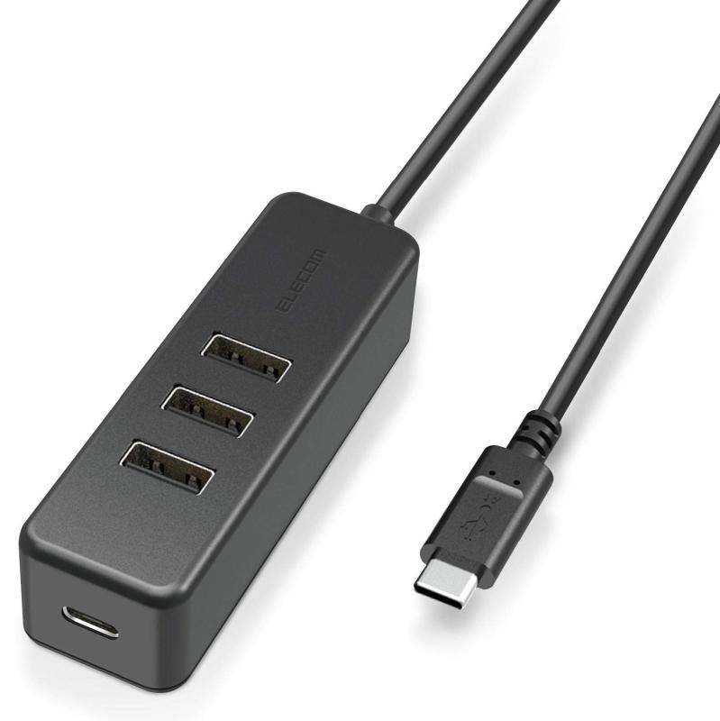 エレコム USBハブ Type-C USB-A×3ポート PD60W対応Type-C×1ポート ケーブル30cm マグネット付 ブラック