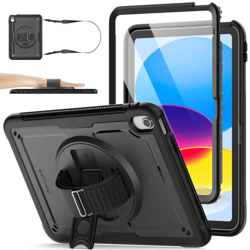 SEYMAC stock iPad 第10世代 10.9インチ専用ケース 耐衝撃 Gフック式ハンドストラップ 360°回転スタンド ペン収納 ショルダーストラップ フィルム付き前面フレーム 全面保護カバー