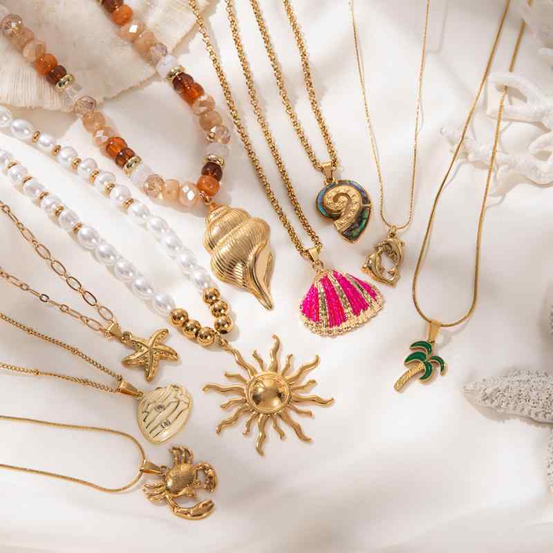 Beads - ネックレス 女性用 海辺 防水 ステンレス 18Kゴールド風 電気メッキ加工 貝殻 吊り下げ 夏 ファッション 通勤 かわいい ピンク 自然モチーフ 軽量 ビーチ アクセサリー トレンド 欧米スタイル 切り替えデザイン 吸湿速乾