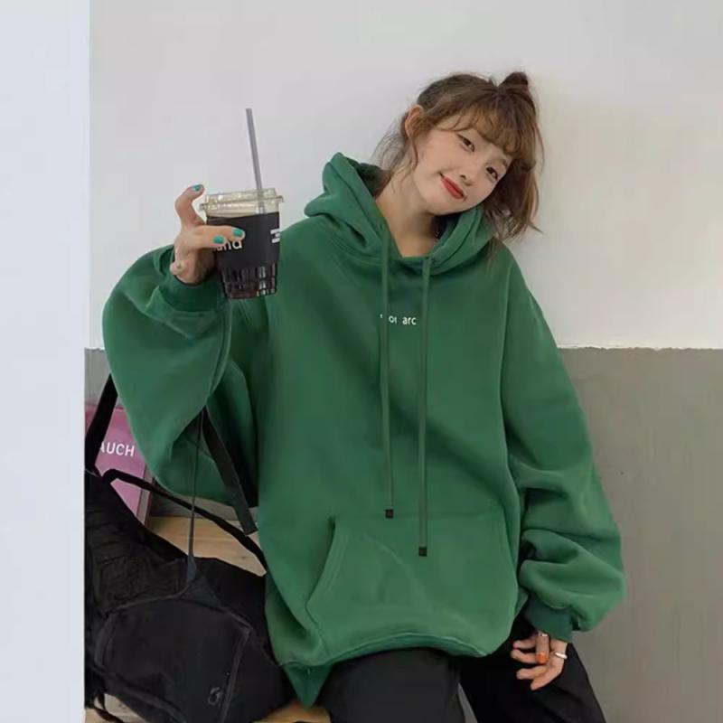 Parka - ウィメンズ フーディ スウェット トップス ワイドシルエット 中長丈 フリース裏地 厚手 インクグリーン ブラック ホワイト 華綿素材 雪ニール 柔らか ゆったり 普段使い 冬 秋冬