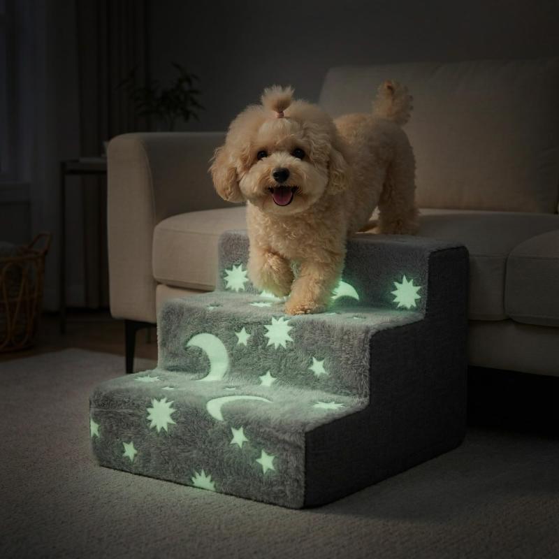Pet Prime 夜光 犬 階段 3段 ステップ 猫 ・老犬介護 滑り止め ドッグステップ 室内 ソファ・ベッド用 高密度低反発メモリーフォーム カバー取り外し可能 ペット用 踏み台【暗闇で光る星月デザイン】 ドッグステップ正面に施した星と月のパターンは、日中や照明の光を吸収し、夜間に優しく発光。寝室やリビングの間接照明が消えた後も、愛犬がステップの位置をひと目で認識できます。夜泣きやトイレで起きる老犬、暗がりが苦手な子犬子猫の安心ガイドに。【関節に優しい高密度低反発メモリーフォーム】 ペットステップ内部には体圧分散性に優れた低反発フォームを採用。飛び乗り・飛び降り時の膝や腰への衝撃を吸収し、ヘルニア予防や関節負担の軽減に役立ちます。適度な沈み込みと反発力で、安定した昇降をサポート。子犬から体重27kg程度の中型犬まで幅広く対応します。【丸洗い可能な取り外しカバー】 カバーはファスナーで簡単に取り外せ、洗濯機での丸洗いが可能。愛犬の抜け毛、よだれ、うっかり粗相もすぐにリセット。内部フォームは水洗い不要で、清潔を保ちやすい設計です。【超軽量1kgで持ち運びラクラク】 本体重量はわずか1kg。女性やご高齢の方でも片手で楽に移動できます。ソファ、ベッド、窓辺など、愛犬のお気に入りスポットに合わせて自由に配置。使わない時はクローゼットにスッキリ収納できます。【滑り止め底面でしっかり固定】 底面には点塑加工の滑り止め付き。フローリングや畳、クッションフロアでもステップがずれにくく、勢いよく飛び乗っても安全です。床に傷をつけにくい仕様なので、賃貸住宅でも安心してお使いいただけます。【真空圧縮梱包＆約24時間で復元】 環境負荷を抑えたコンパクトな圧縮梏包でお届け。開封後は約24時間で元の形状に戻ります（冬場は最大48時間）。復元後はすぐにご使用可能。段ボールの処理も簡単で、初めての方でも迷わずセットアップできます。