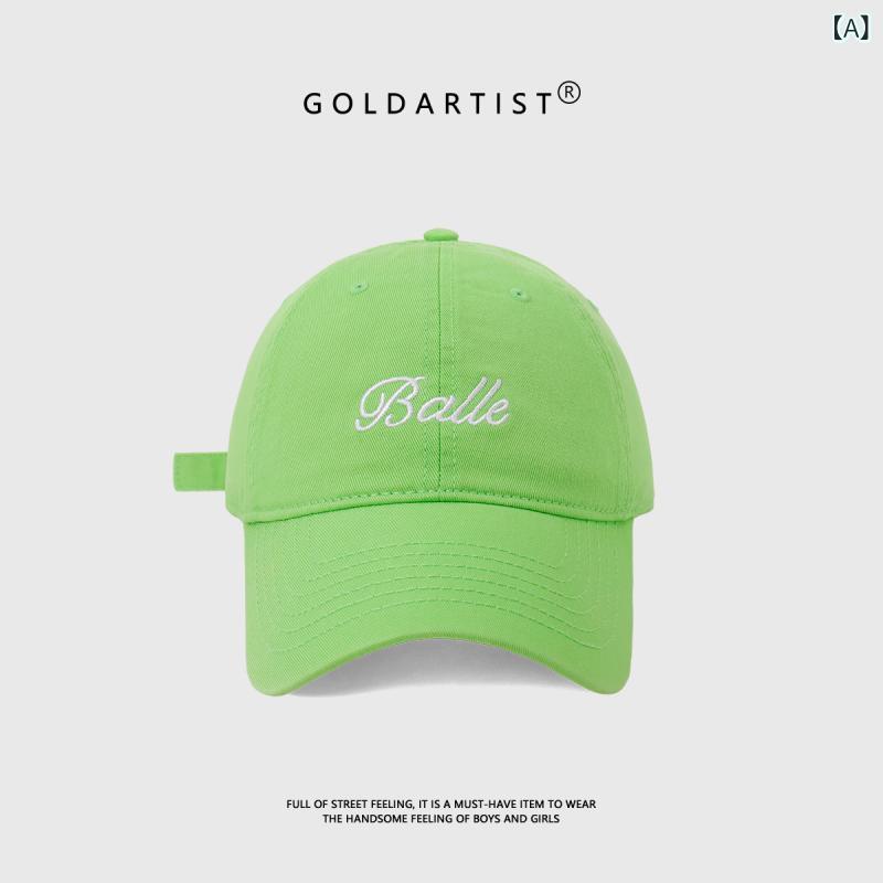 Cap - キャップ 女性用 韓国風 ベースボールキャップ 多色展開 蛍光グリーン レモンヨロー ライトブルー ピンク ライトパープル ローズレッド 刺繍デザイン 大つば ソフトトップ 春夏 遮陽 防風 軽量 アクリル素材 かわいい 普段使い 通勤 カジュアル フェ