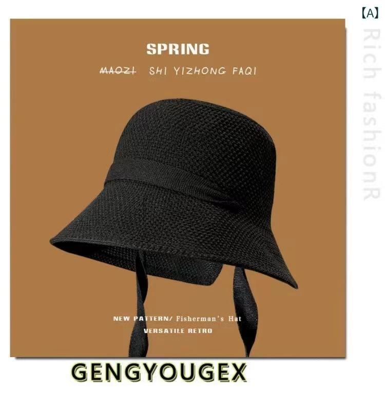 Outdoor Wear - レディース 夏用 麦わら帽子 漁夫帽 グラスハット かわいい 防晒 遮阳 透気性 防水 耐熱 風防 虫除け 落下防止 綿素材 丸頂 大つば ブラック ベージュ カーキ バインダー 開口 春夏 韓風 フレッシュ スイート スタイル