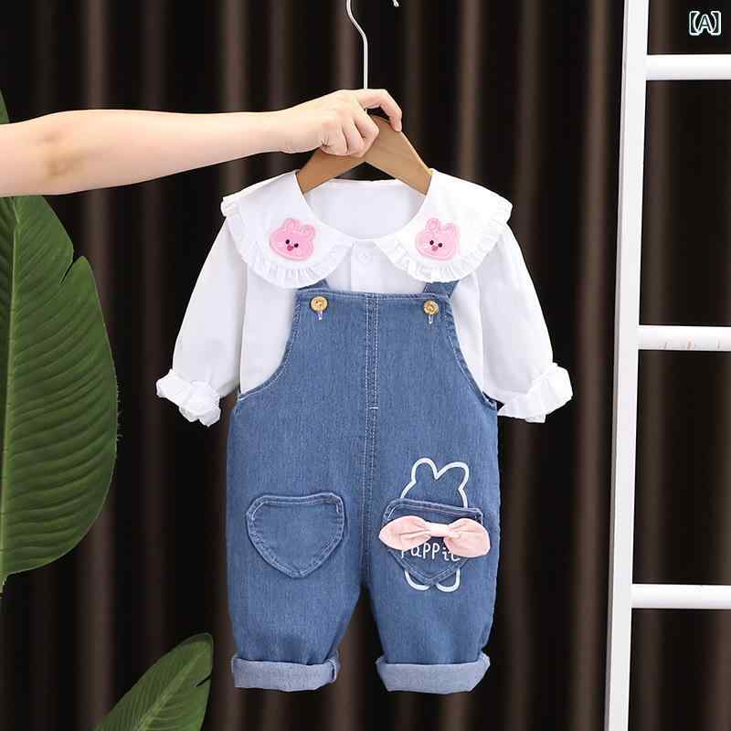 女児 秋冬 長袖 翻領 ウサギ プリント シャツ トップス かわいい デニム 背広パン...