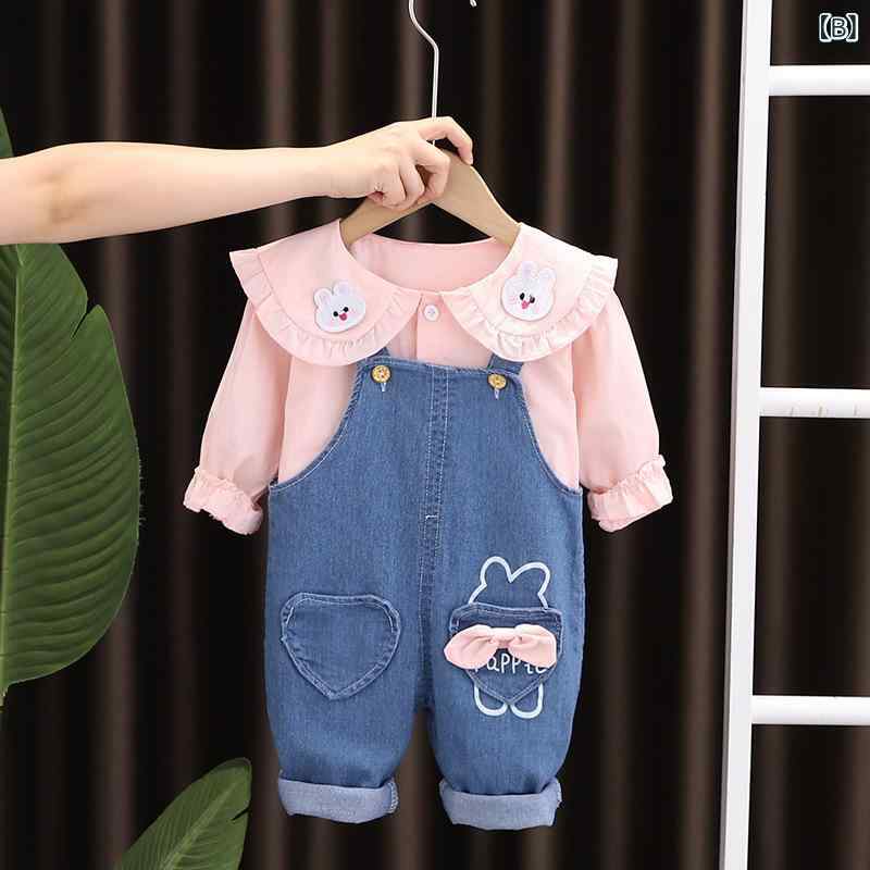 女児 秋冬 長袖 翻領 ウサギ プリント シャツ トップス かわいい デニム 背広パン...