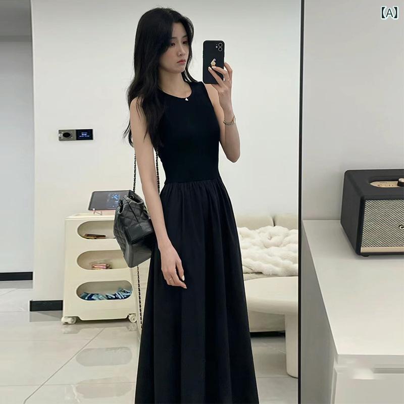 ワンピース 女性用 無袖 背心 タイプ 黒 ロング 中長丈 仙女 スカート 形状 接触冷感 粘膠 繊維 純色 丸首 セットイン 袖なし ルーズ ウエスト 伸縮性 ポケット 付き シンプル スタイル 日韓 カジュアル 夏 シーズン 収腰 デザイン 軽量 素