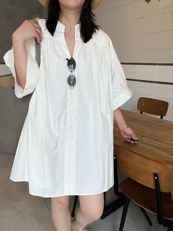 ワンピース 女性用 夏 通勤用 かわいい 接触冷感 綿 軽量 ゆったりシルエット プリーツ プルオーバー Vネック ランタンスリーブ 九分袖 ミッドレングス クリームカラー ブラウン系 シンプルコーデ 気品 高級感 吸湿速乾 伸縮性 ゆったりロングドレス
