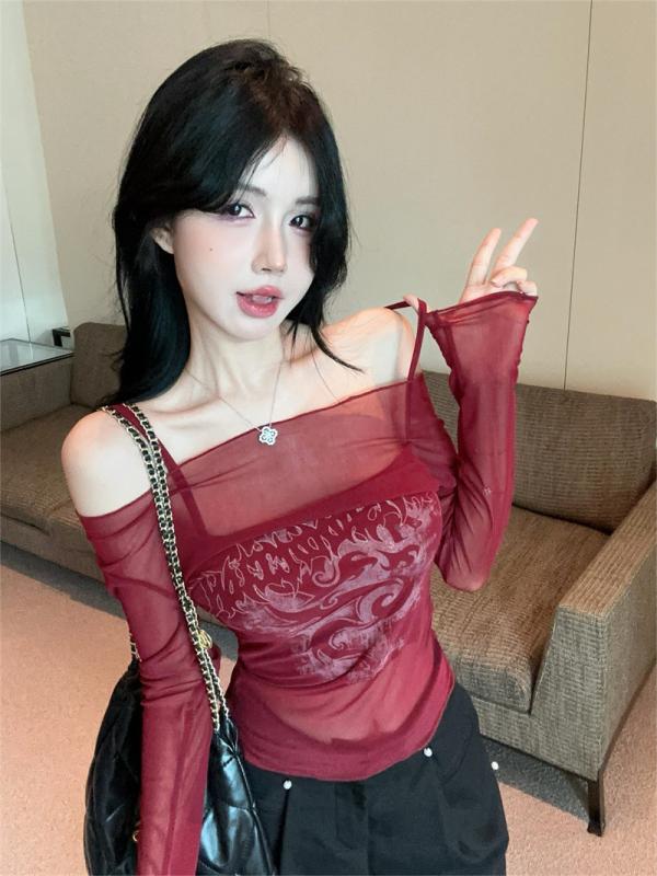 Tシャツ レディース 春夏 防晒 透け感 薄手 メッシュ 長袖 切り替え 吊り下げ 肩出し セクシー 修身 丸首 赤 黒 伸縮性 吸湿速乾 私服 インポート 軽量 かわいい Y2K スタイル スパイシー トップス セット コットン混 印花 パターン スリ