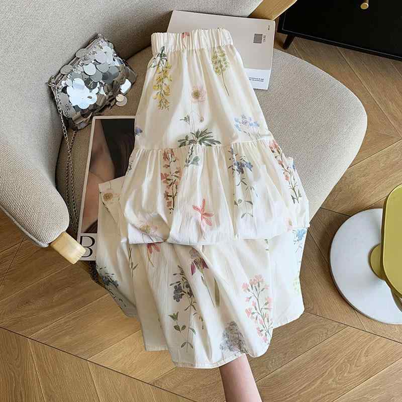 スカート 女性用 半身スカート Aライン 中長丈 フレンチスタイル かわいい 花柄プリント コットン素材 綿混紡 微弾性 松緊腰 フレア プリーツ フレッシュ ガーリー 夏向け 通勤 普段使い 軽量 通気性 吸湿速乾 ピクチャーカラー