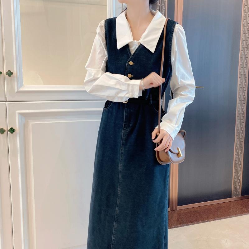 ワンピース 女性用 春夏 デニム コットン 素材 背中ストラップ スカート ビンテー...