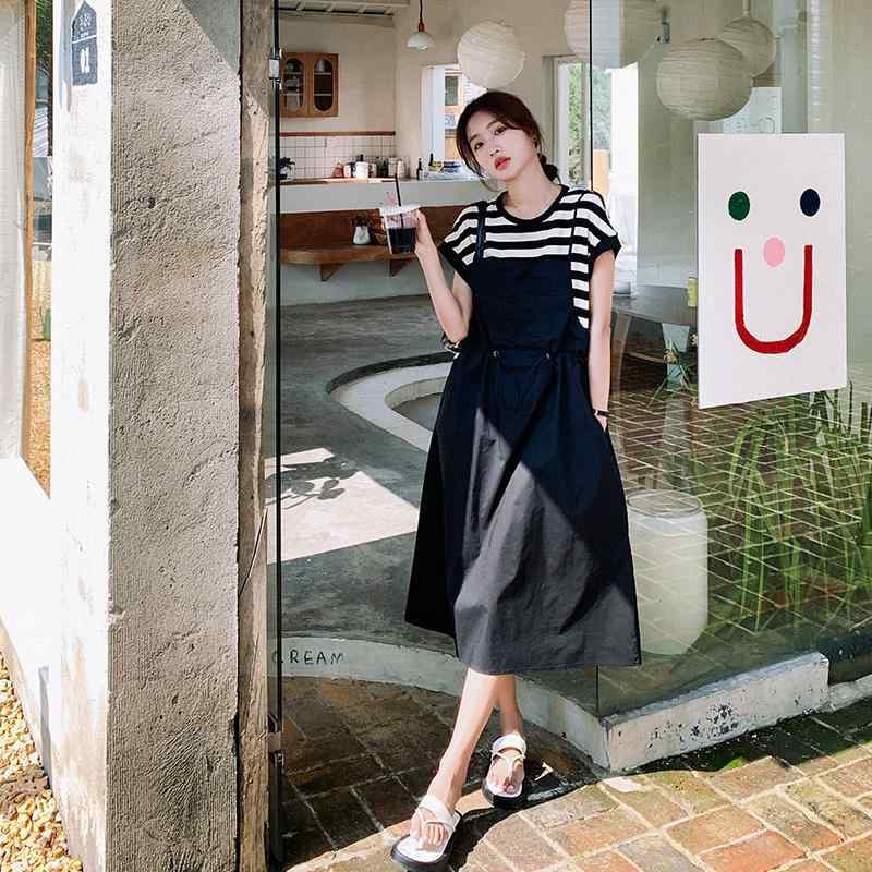 ワンピース レディース 夏 連衣裙 Aライン 中長丈 ワイドシルエット ストライプ柄 切り替えデザイン 短袖 丸首 高腰 ポリエステル 気質 通勤 百搭 カジュアル ルーズフィット 軽量 吸湿速乾 セットアップ風 フレンチスタイル 普段使い