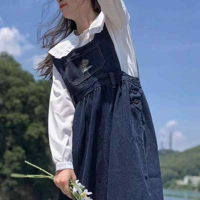 ワンピース 女性用 デニム 背広スカート 中長丈 春夏 ワイドシルエット スリム効果 ウエストイン ノースリーブ 花柄刺繍 綿素材 クールグレー ポケット付き セットイン セットオン フレッシュスイート キュートスタイル 個性ストリート 軽量 伸縮性 吸