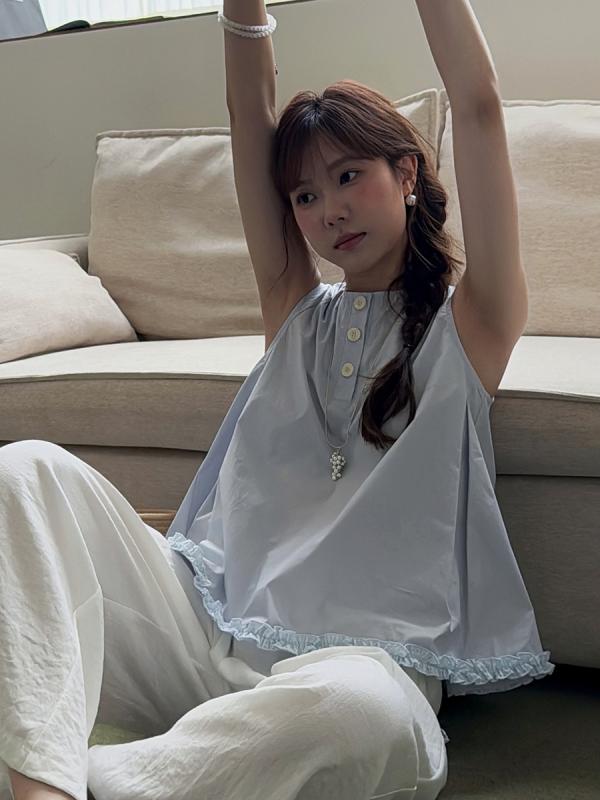Other - キャミソール 女性用 夏 フレンチスタイル ビンテージ プリーツ 無袖 トップス レース 花辺 綿素材 色ブロック ミントブルー 薄荷緑 ミルク杏 アイボリー ピンク系 ゆったりシルエット 日常使い 快適 吸湿速乾 軽量 接触冷感 日韓カジュアル