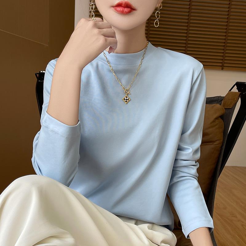 Tシャツ レディース 半高領 長袖 セットアップ トップス 気質 通勤 インナー 中領 シルク調綿 綿100% 純色 セットネック ゆったり ロング丈 50-65cm 半ハイネック 標準袖 マカロンカラー 草緑 白 藤紫 通勤スタイル 95%以上綿