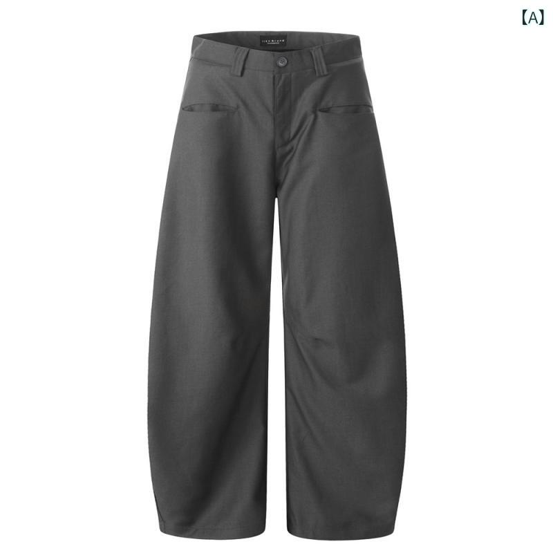 Pants - メンズ ワイドレッグパンツ ゆったり ストレート ロングパンツ 中腰 ジップフライ ポリエステル 無地 グレー 黒 カジュアル ポケット 耐磨 直筒 免烫 青年 メンズ ゆったりパンツ 男性用 膝下丈 普段使い 軽量 通勤 歩きやすい ストレッチなし オ