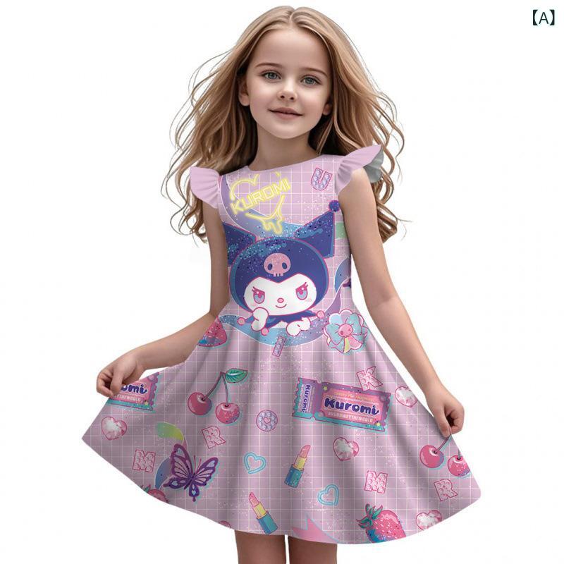 Dresses - 夏の 女の子 フライングスリーブプリンセスドレス かわいい 漫画 プリントプリンセスドレスピンクパープル 子供 ドレスクロスボーダー