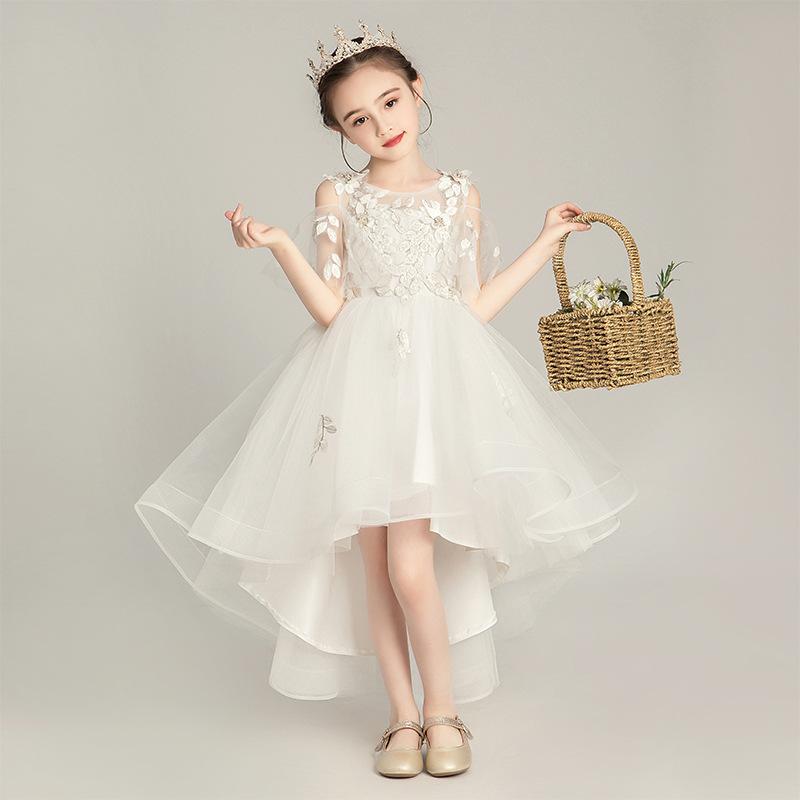 Jumpers - 女の子 礼服 プリンセスドレス 花嫁ドレス ホスト衣装 女の子用 演奏会ドレス かわいい プリンセス風 チュールドレス ポリエステル ポリエステル混紡 白 ロング丈 ショート丈 ドラゴンテール プリーツ加工 コーティング加工 剪毛加工 酵素洗い 100c