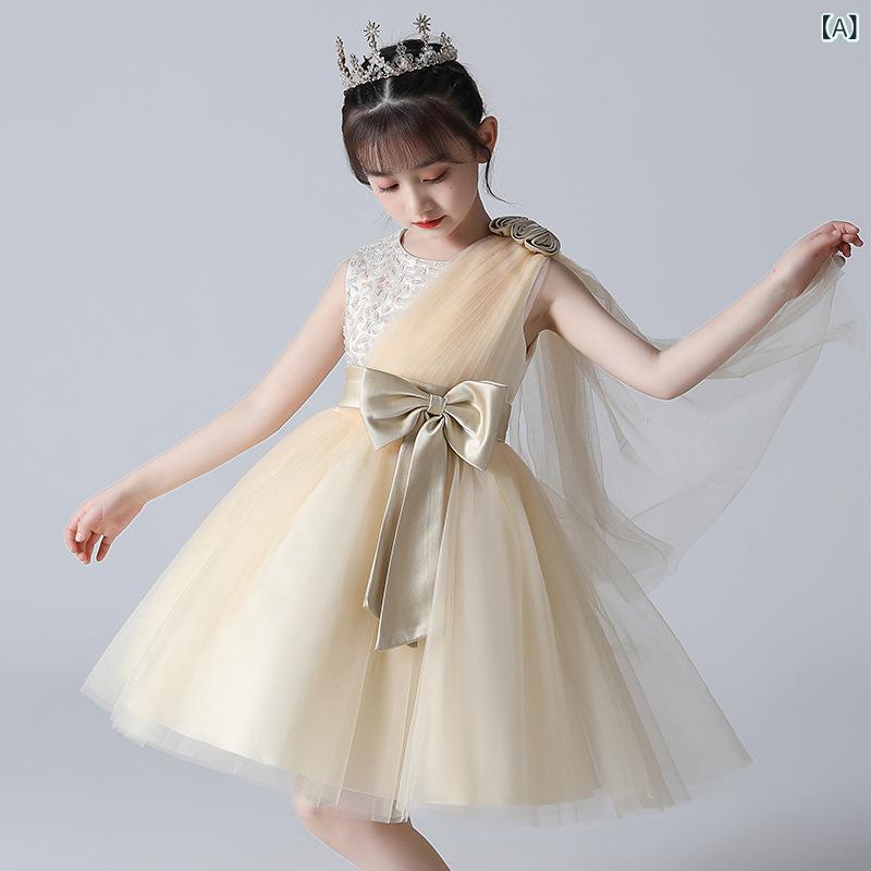 女の子 ドレス プリンセス スカート 礼服 誕生日 演奏会 司会 花嫁介添え 女童 ワンピース チュール スカート 女児 連衣裙 香槟 白色 ピンク ポリエステル コットン ライニング プリーツ 蝶結び 網紗 プリンセス スタイル 春秋 夏季 春季 秋季