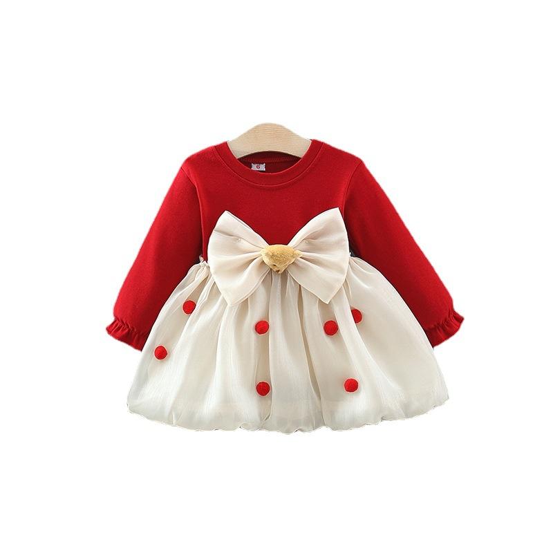 Jumpers - 女の子 ワンピース 長袖 春夏 秋冬 プリンセスドレス 綿 コットン 90% 網纱 チュール プリーツ加工 切り替え デザイン 赤 かわいい カード 柄 1-3歳 女児 ベビー キッズ 幼児 女の子服 日常 遊び着 通学 軽量 伸縮 素材 プリンセス ス