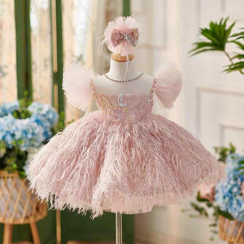 Jumpers - 女の子 ワンピース プリンセスドレス 礼服 粉 かわいい 蝶結び ネット生地 ポリエステル ギャザー加工 酵素洗い 3-8歳 80-160cm 誕生日 宴会 パーティー 通年使用 女の子用 プリンセス風 かわいいドレス 女の子 礼服 ワンピース 粉色 プ