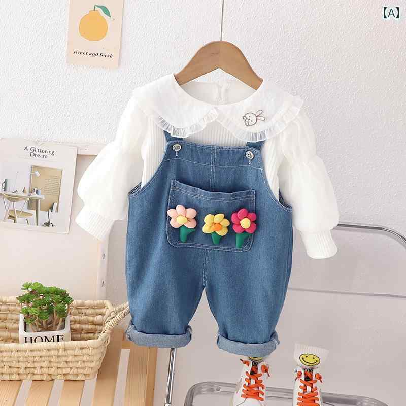 Overalls - 女の子 ベビー 服 牛仔 背带裤 長袖 トップス 2点セット かわいい 春秋 綿100 長ズボン ユニセックス 80-110cm 純色 卡通柄 切り替え デザイン 普段使い 通園服 コーディネート 柔らか素材 伸縮性 快適 フィット