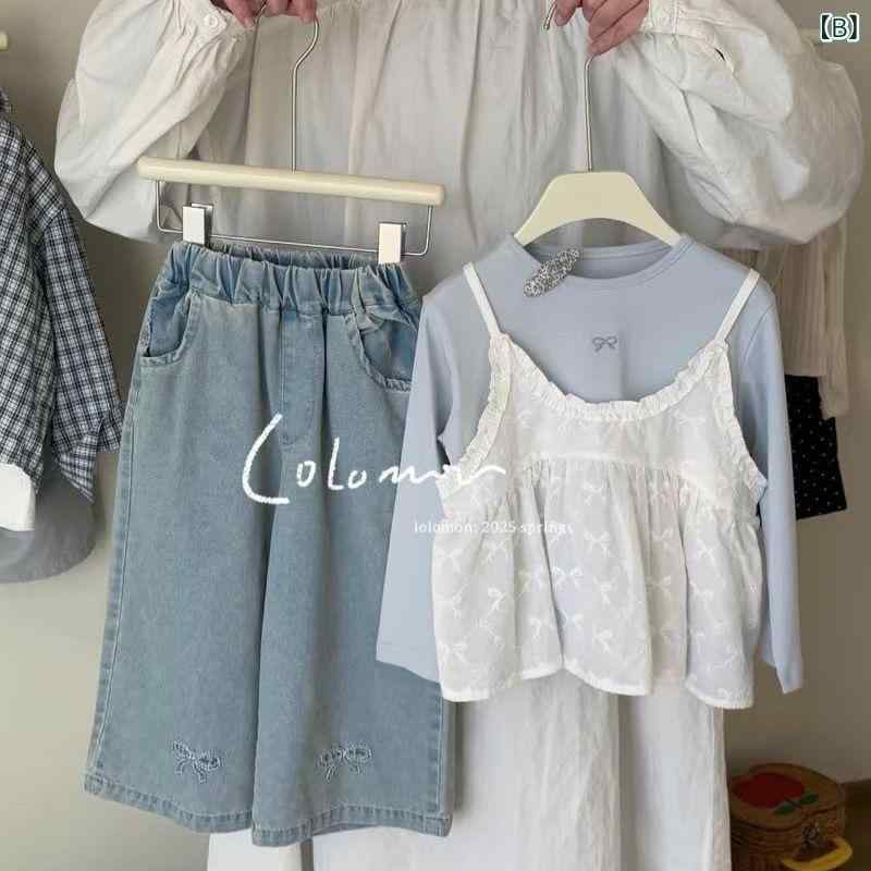 女の子 服 セット 春夏 秋 かわいい 吊帯 トップス 長袖 綿 刺繍 牛仔 長ズボン 柔...